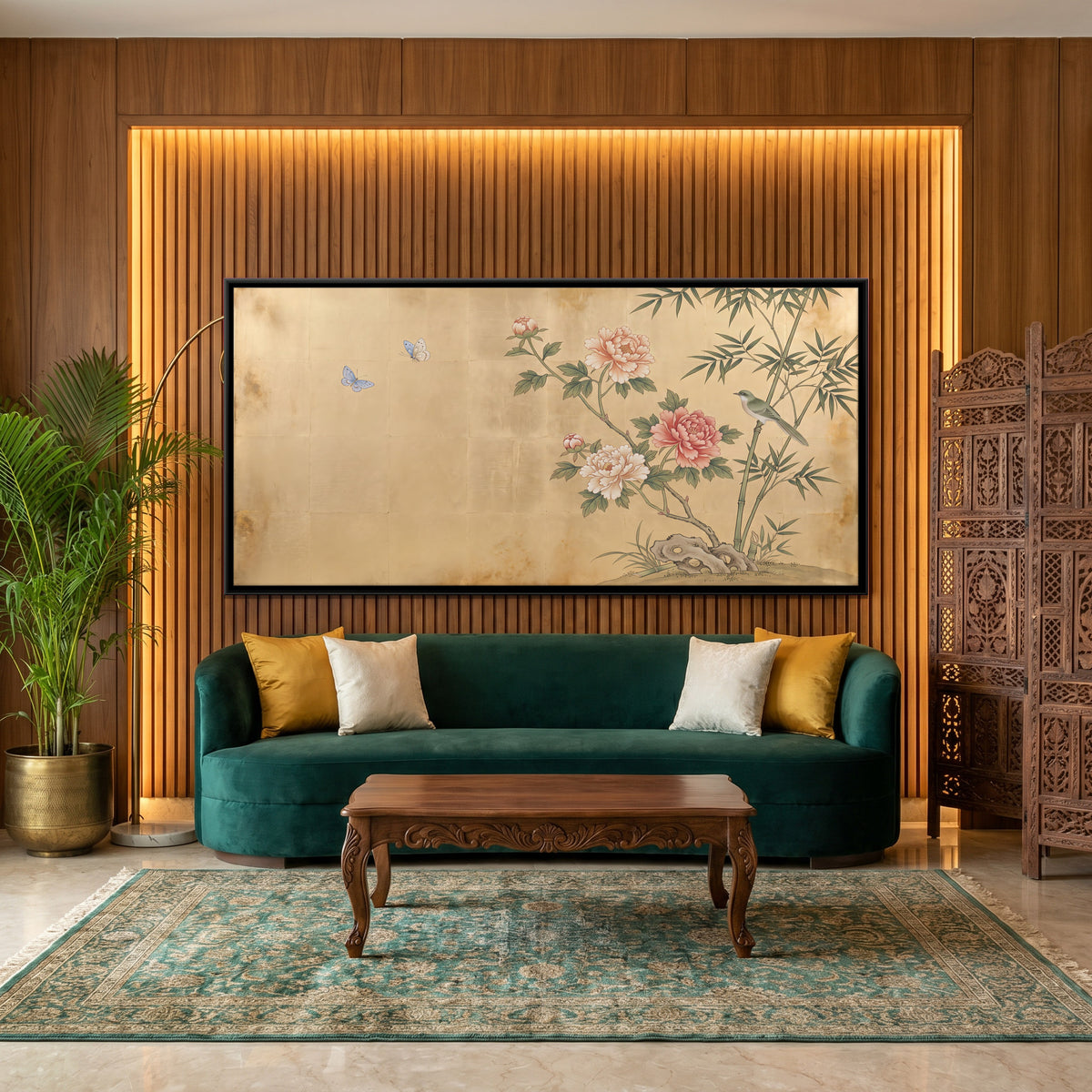 Peonies and Bamboo with a Bird - canvas art shown in a styled room