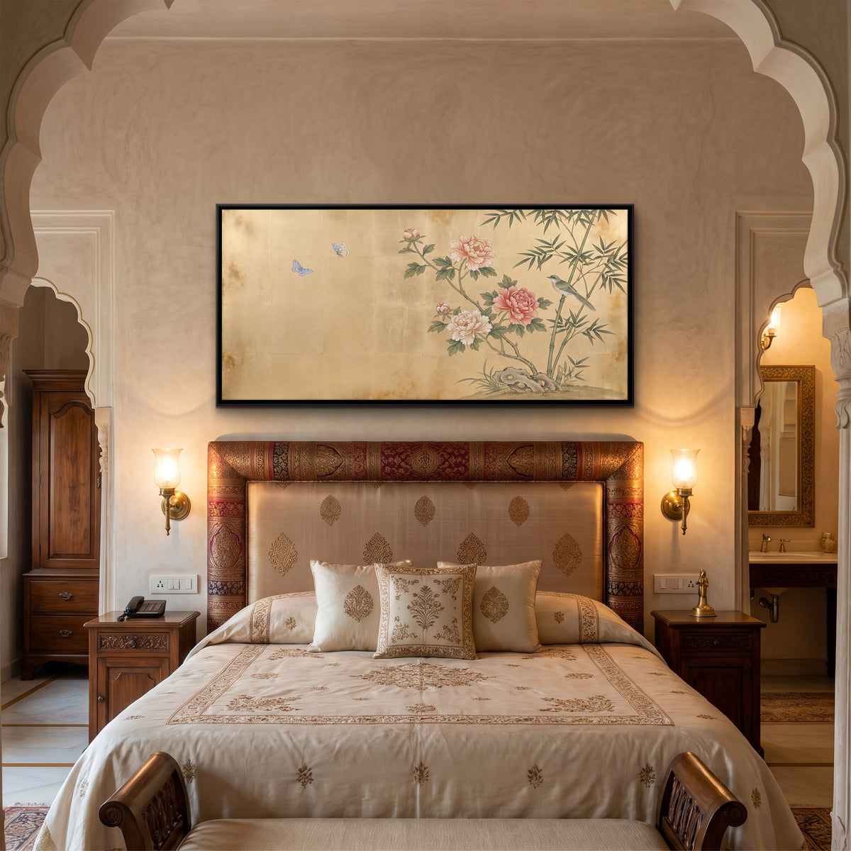Peonies and Bamboo with a Bird - canvas art shown in a second room setting