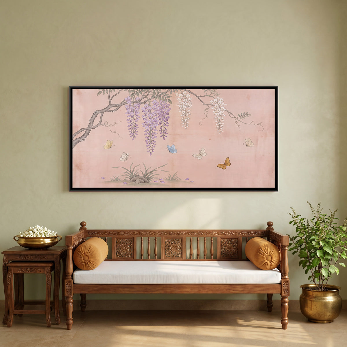 Wisteria and Butterflies - canvas art shown in a styled room