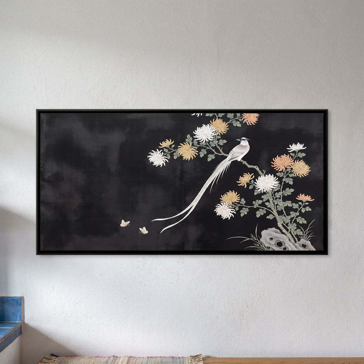 Long-Tailed Bird Among Chrysanthemums - framed canvas art hung on a wall
