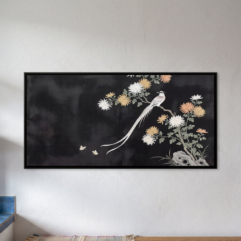 Long-Tailed Bird Among Chrysanthemums - framed canvas art hung on a wall