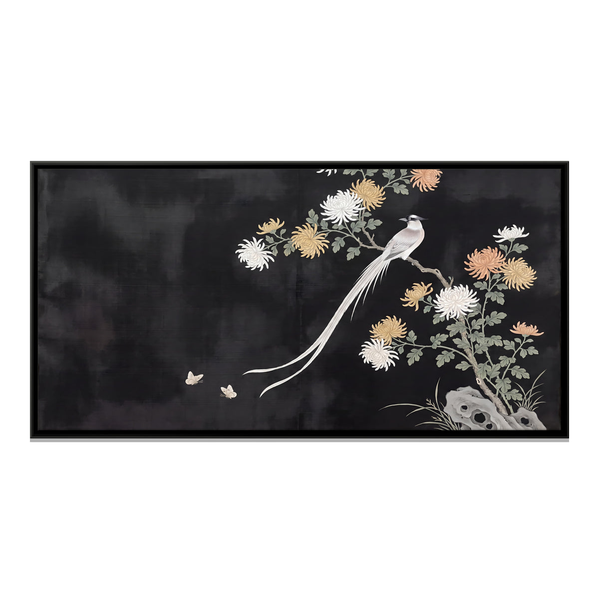 Long-Tailed Bird Among Chrysanthemums - framed canvas print, front view