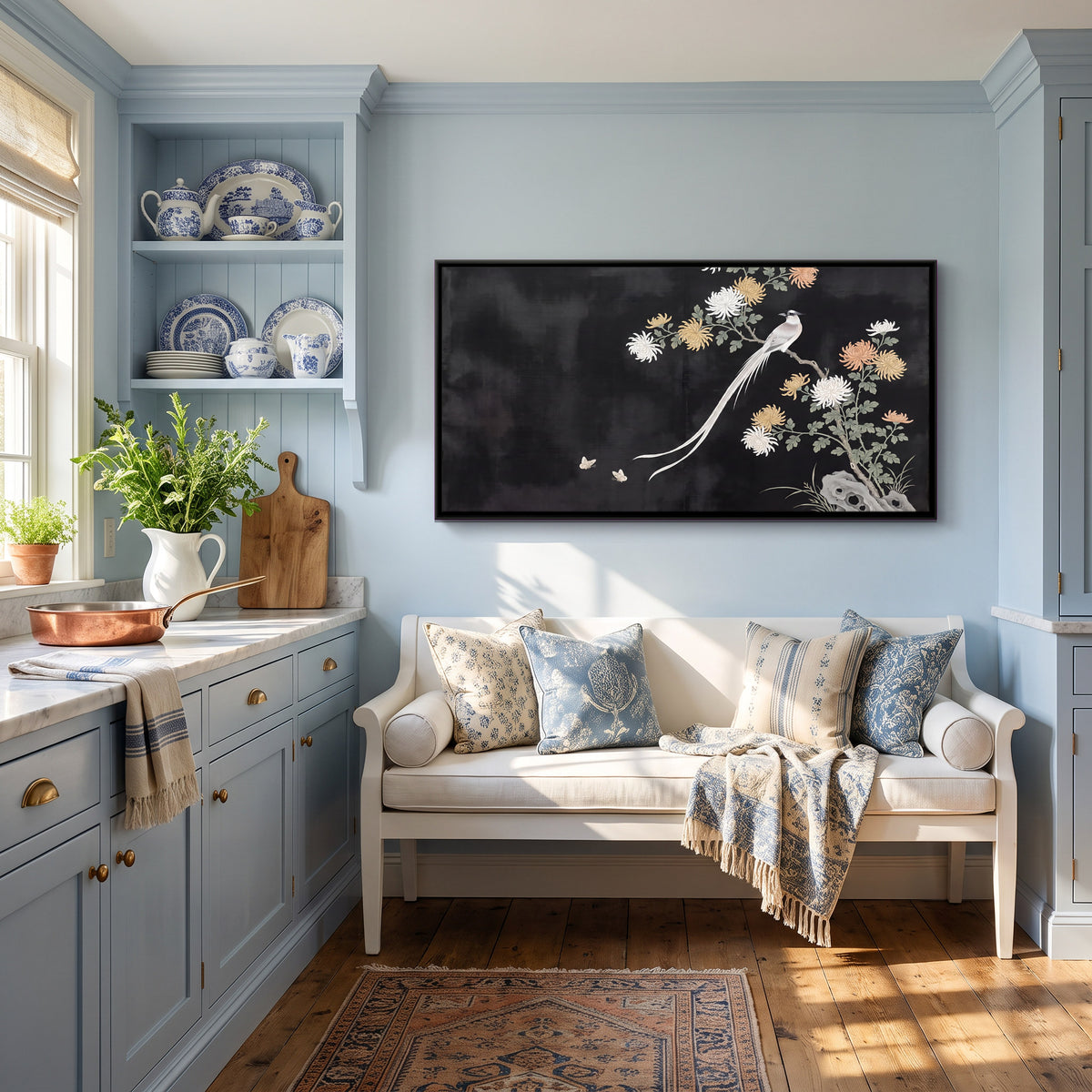 Long-Tailed Bird Among Chrysanthemums - canvas art shown in a styled room
