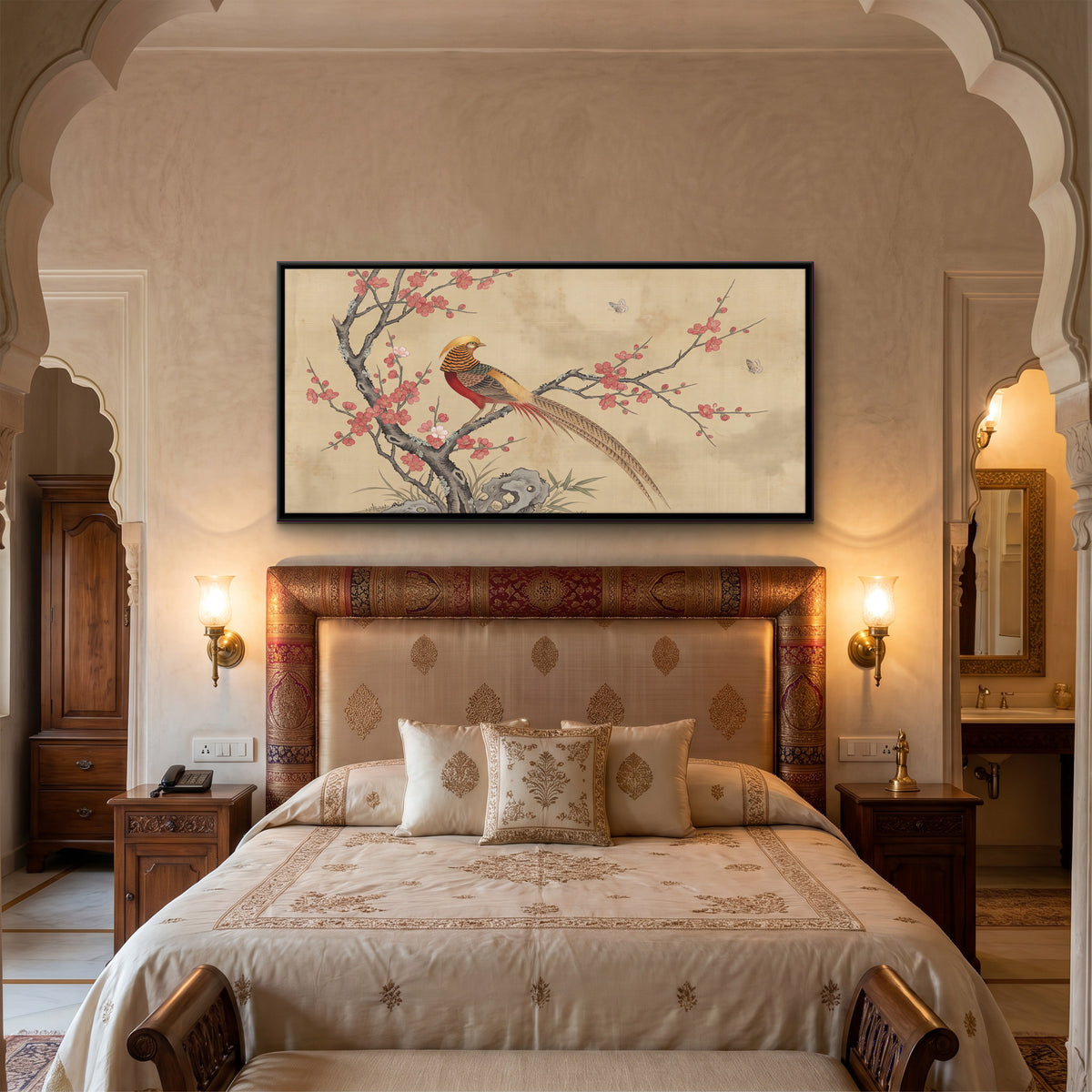 Golden Pheasant on a Blossoming Branch - canvas art shown in a second room setting
