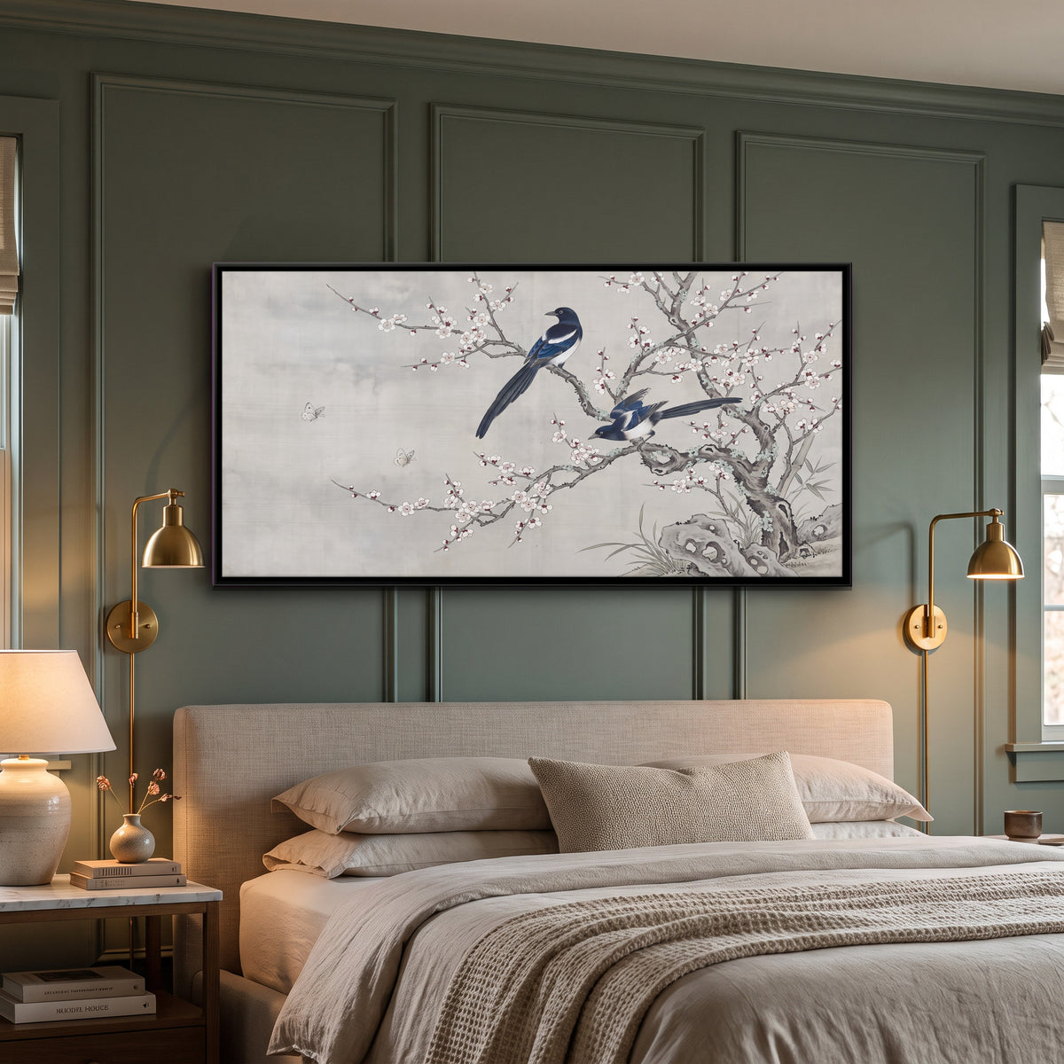 Magpies on Plum Blossom - canvas art shown in a styled room