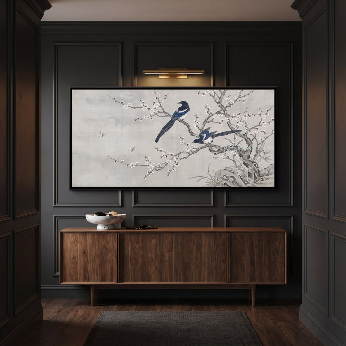 Magpies on Plum Blossom - canvas art shown in a second room setting