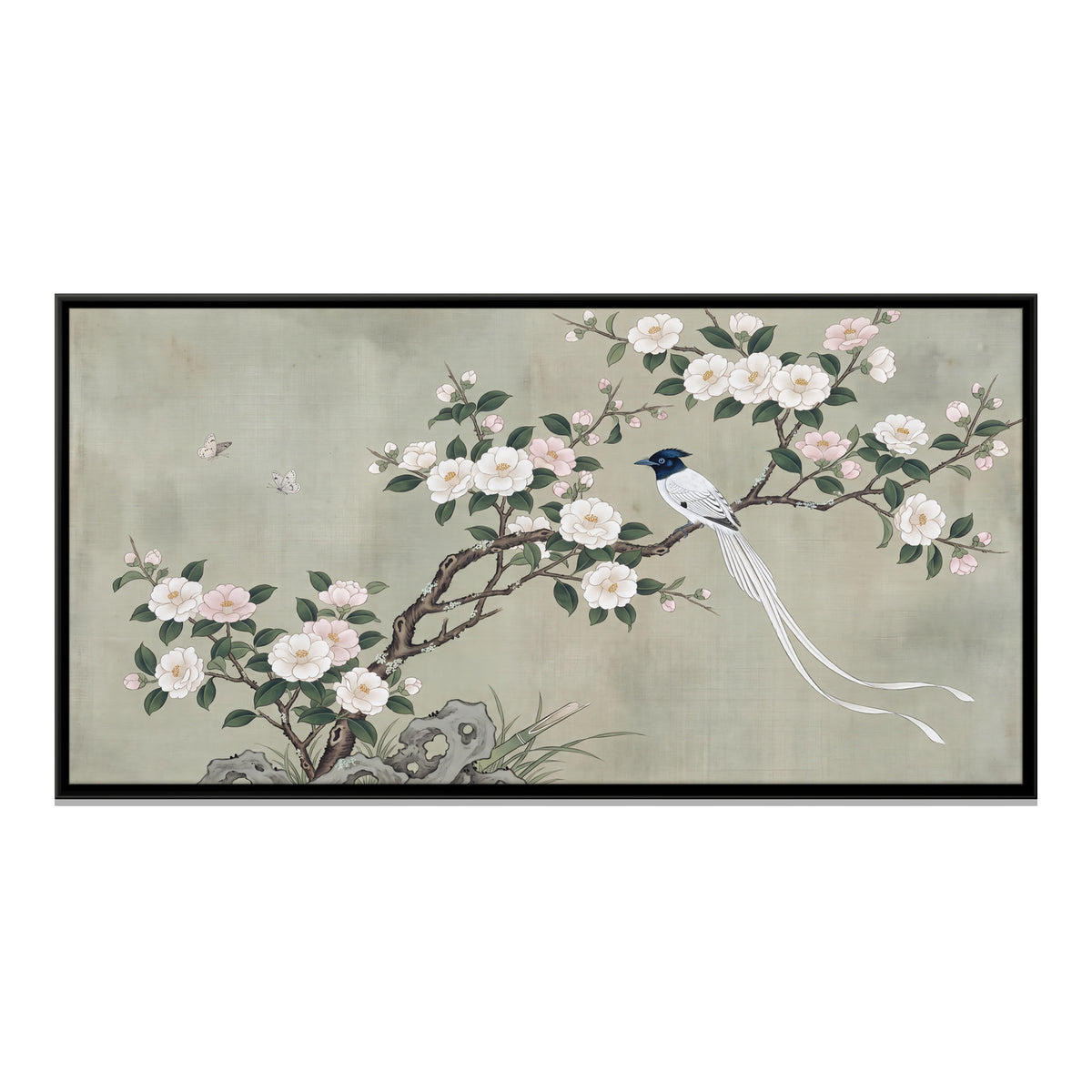 Paradise Flycatcher on a Blossom Branch - framed canvas print, front view