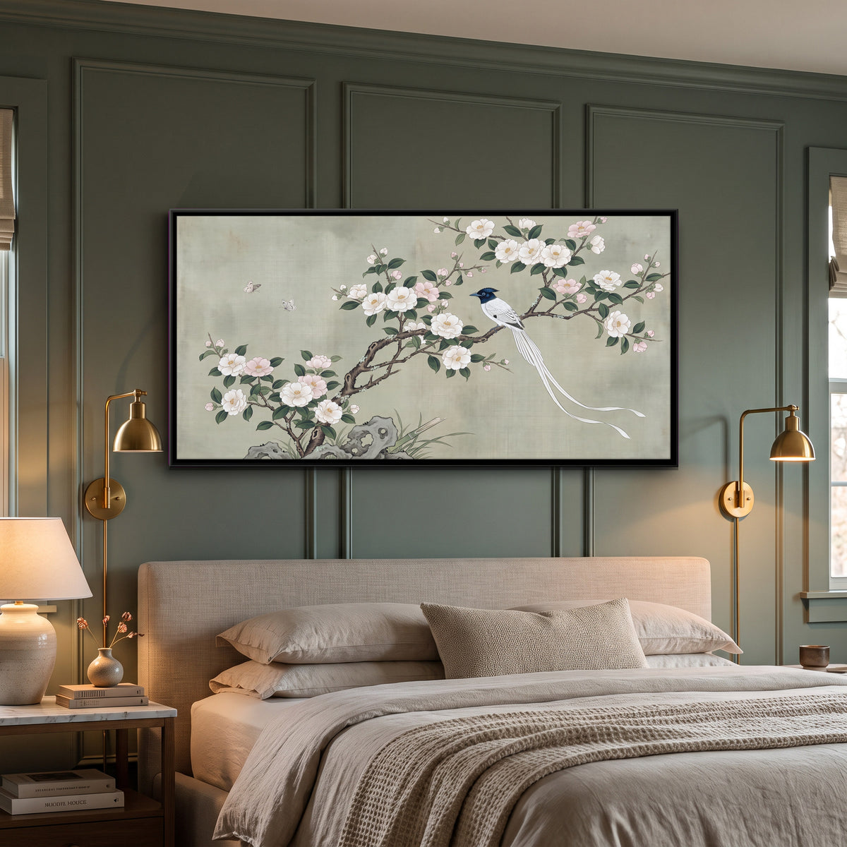 Paradise Flycatcher on a Blossom Branch - canvas art shown in a styled room