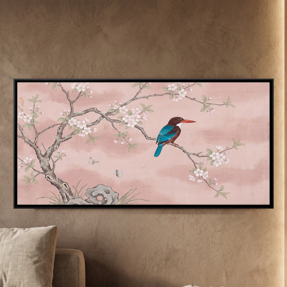 Kingfisher on a Blossom Branch - framed canvas art hung on a wall