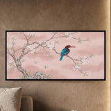 Kingfisher on a Blossom Branch over Pink Background