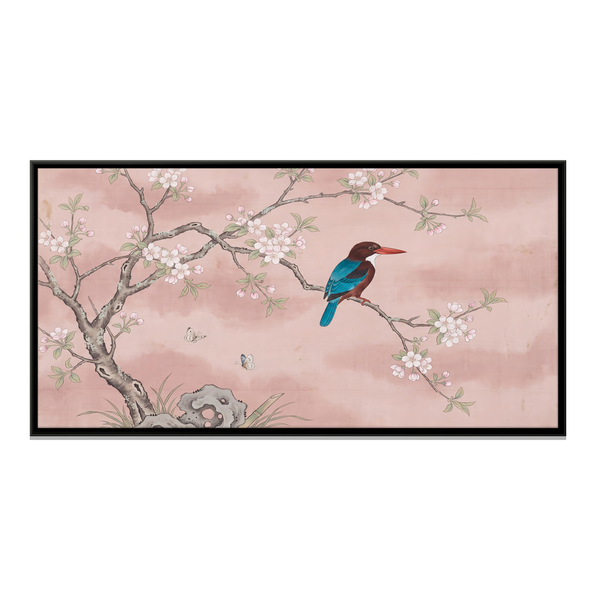 Kingfisher on a Blossom Branch - framed canvas print, front view