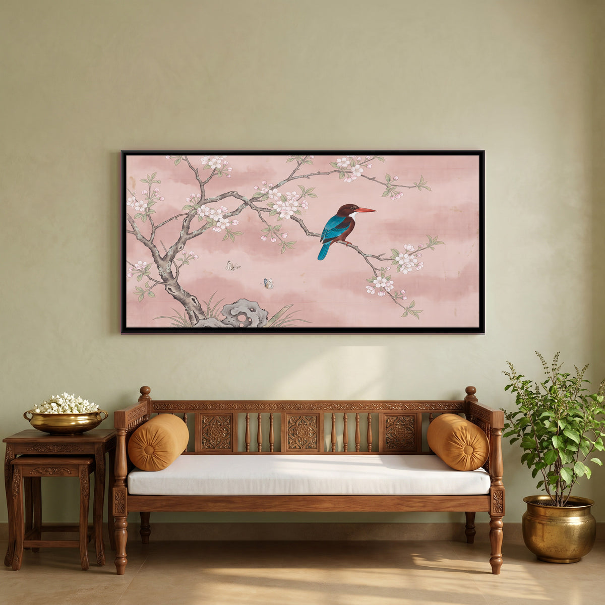 Kingfisher on a Blossom Branch - canvas art shown in a styled room