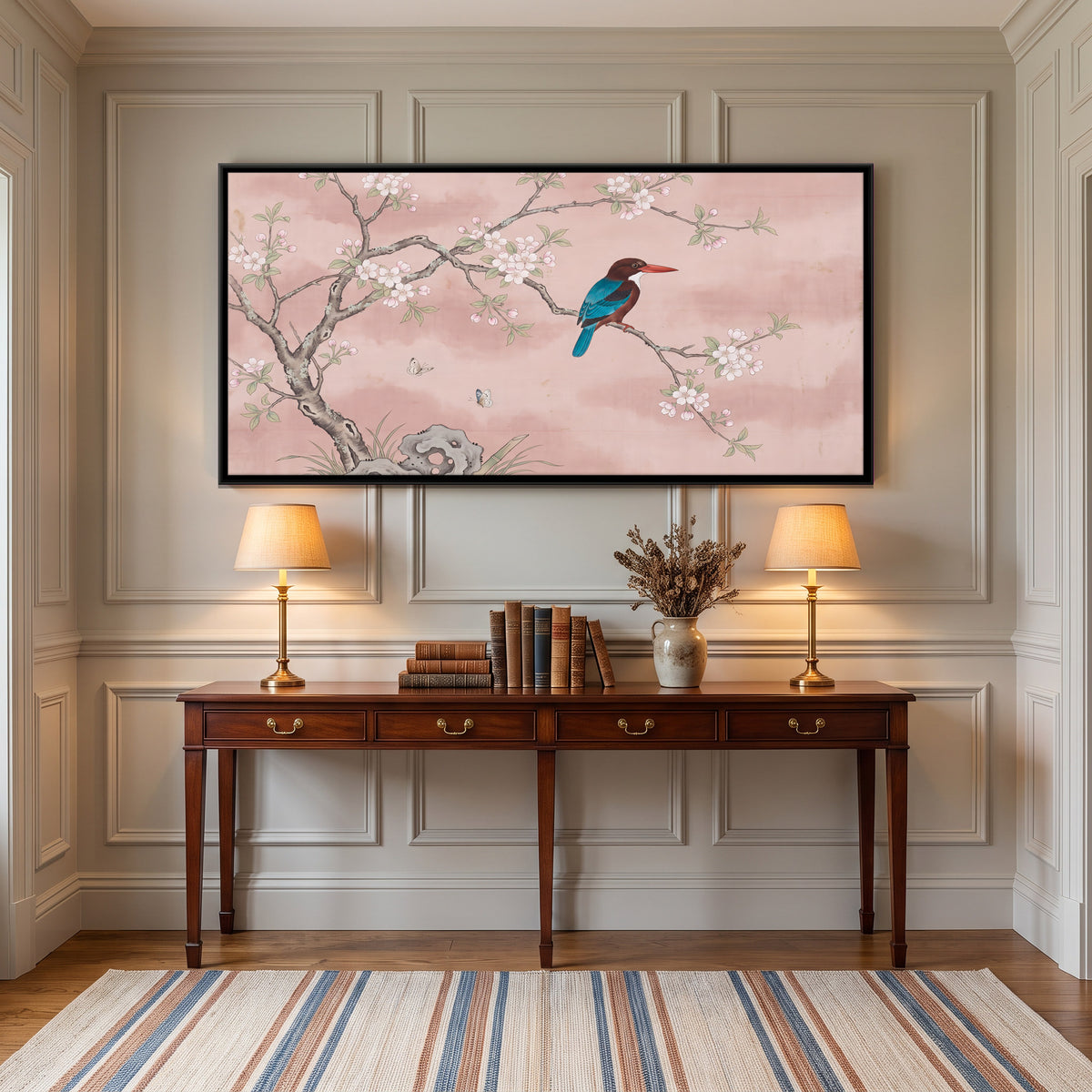 Kingfisher on a Blossom Branch - canvas art shown in a second room setting