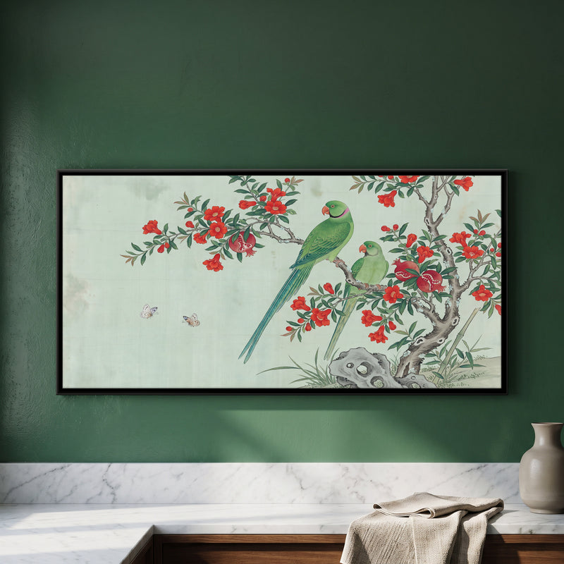 Parakeets on a Pomegranate Tree - framed canvas art hung on a wall