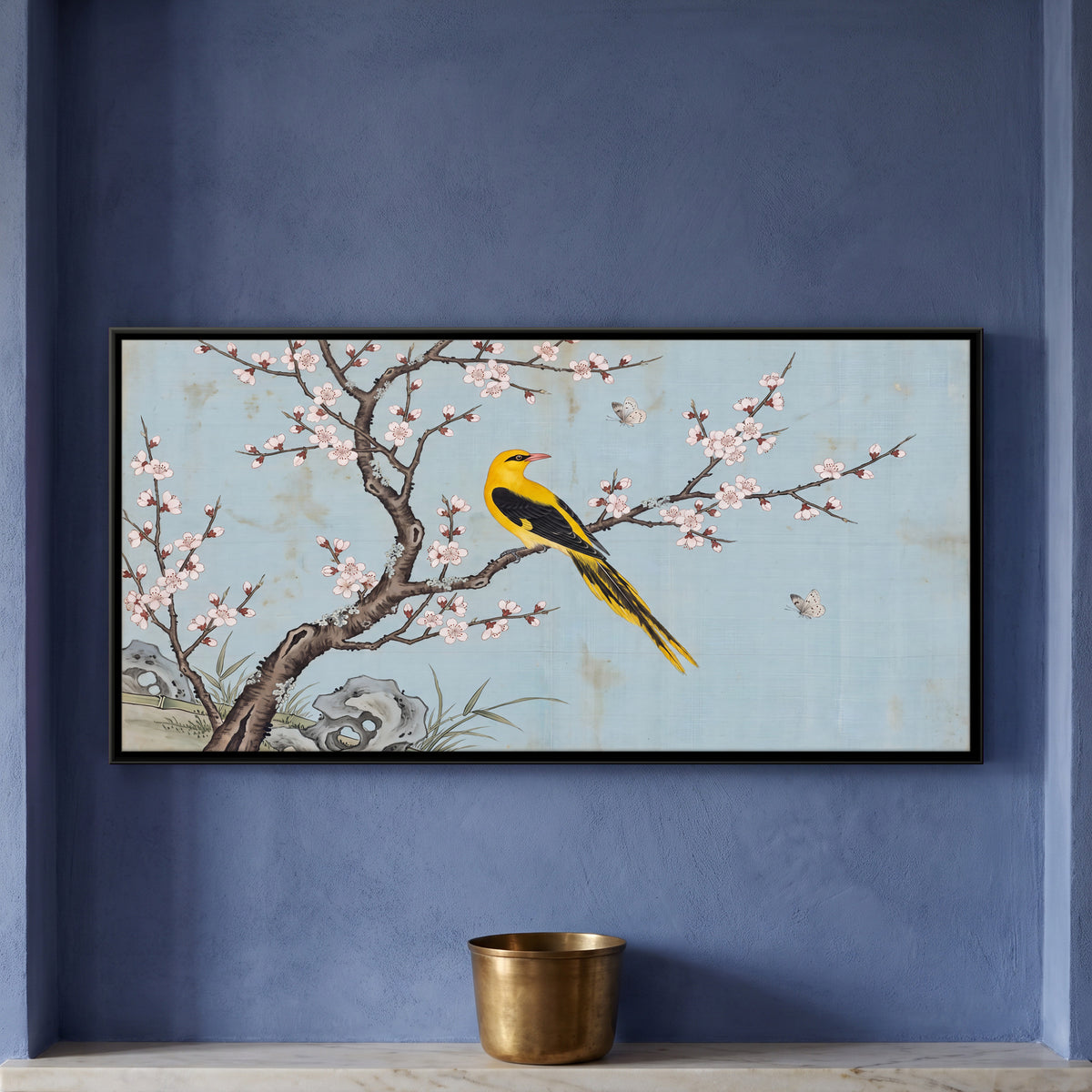 Golden Oriole on a Blossoming Branch - framed canvas art hung on a wall