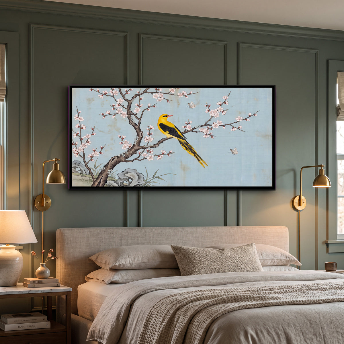 Golden Oriole on a Blossoming Branch - canvas art shown in a styled room