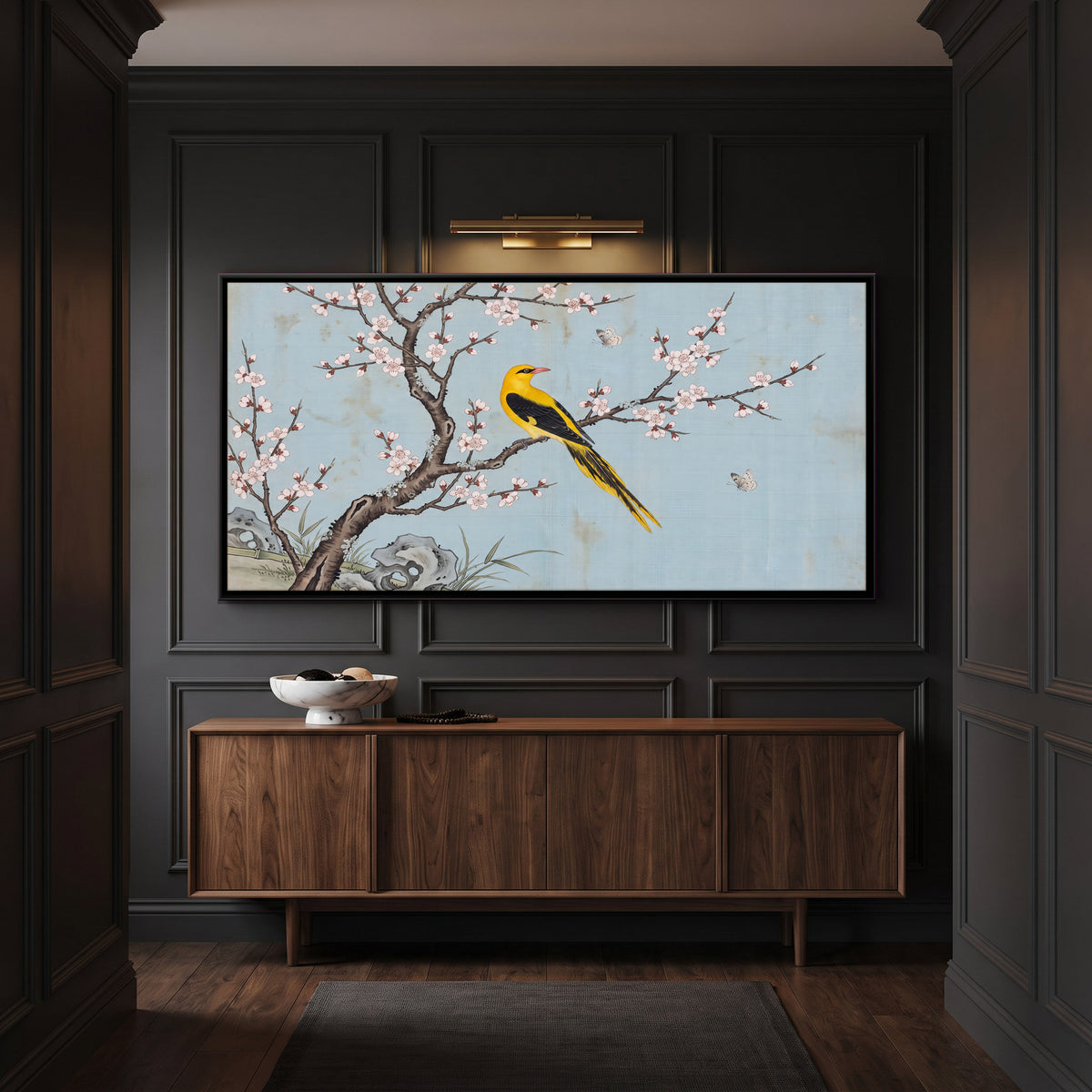 Golden Oriole on a Blossoming Branch - canvas art shown in a second room setting