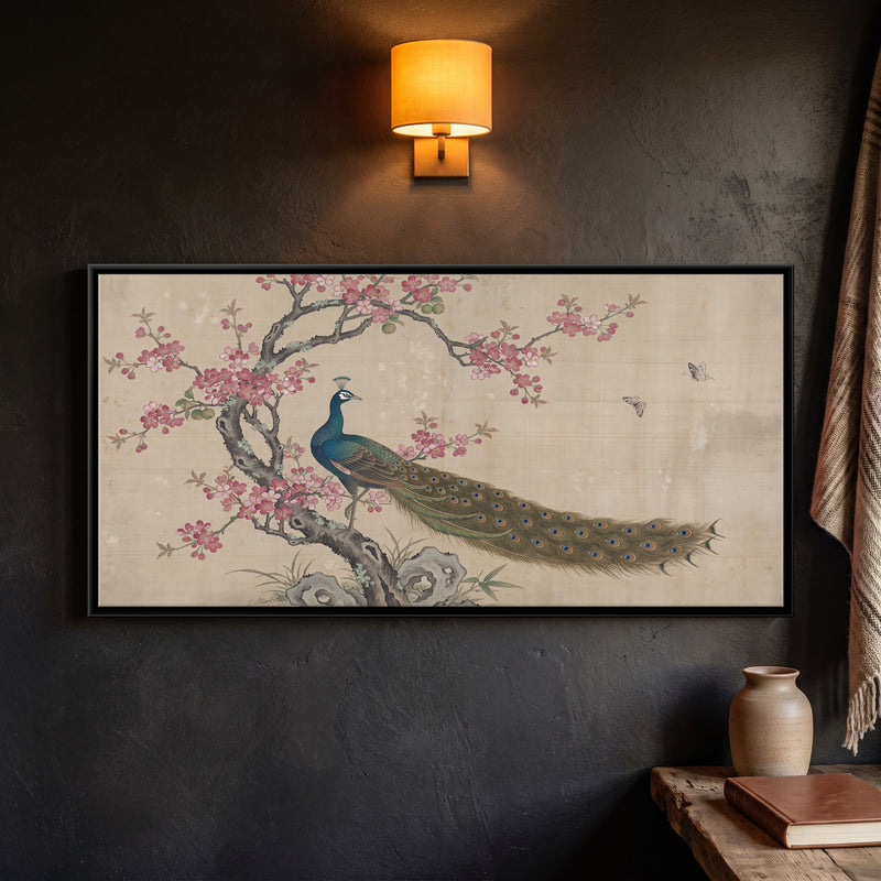 Peacock on a Blossoming Branch - framed canvas art hung on a wall
