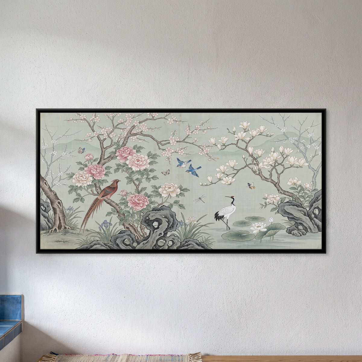 Crane in a Blossom Garden - framed canvas art hung on a wall