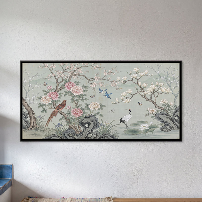 Crane in a Blossom Garden - framed canvas art hung on a wall