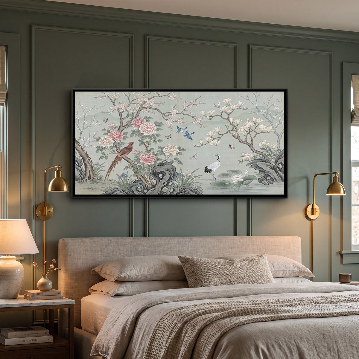 Crane in a Blossom Garden - canvas art shown in a styled room