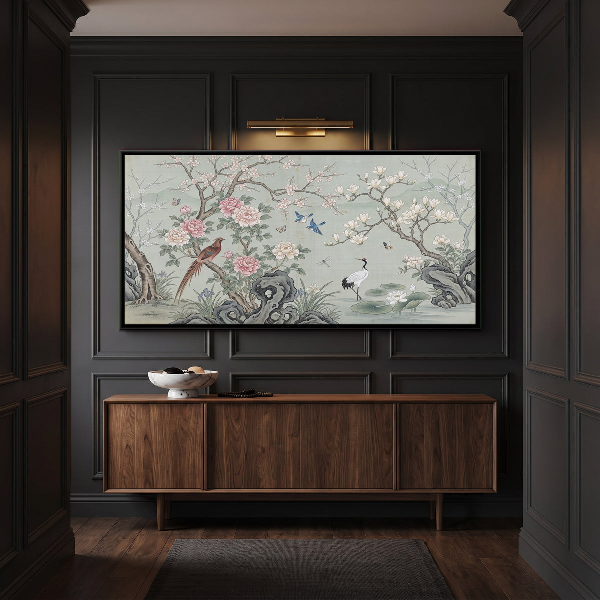Crane in a Blossom Garden - canvas art shown in a second room setting
