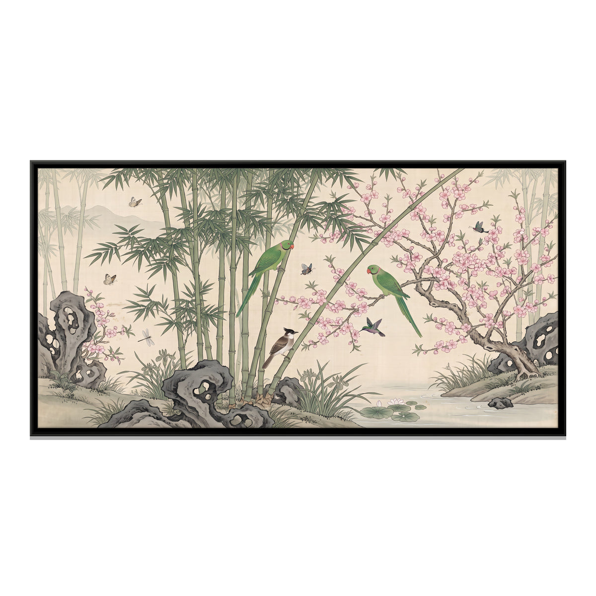 Parakeets in a Bamboo Garden - framed canvas print, front view