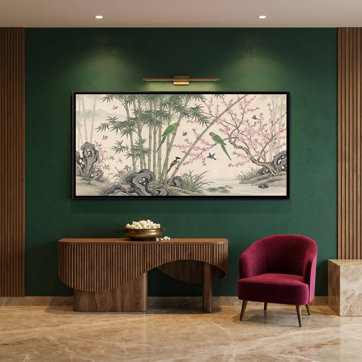 Parakeets in a Bamboo Garden - canvas art shown in a second room setting