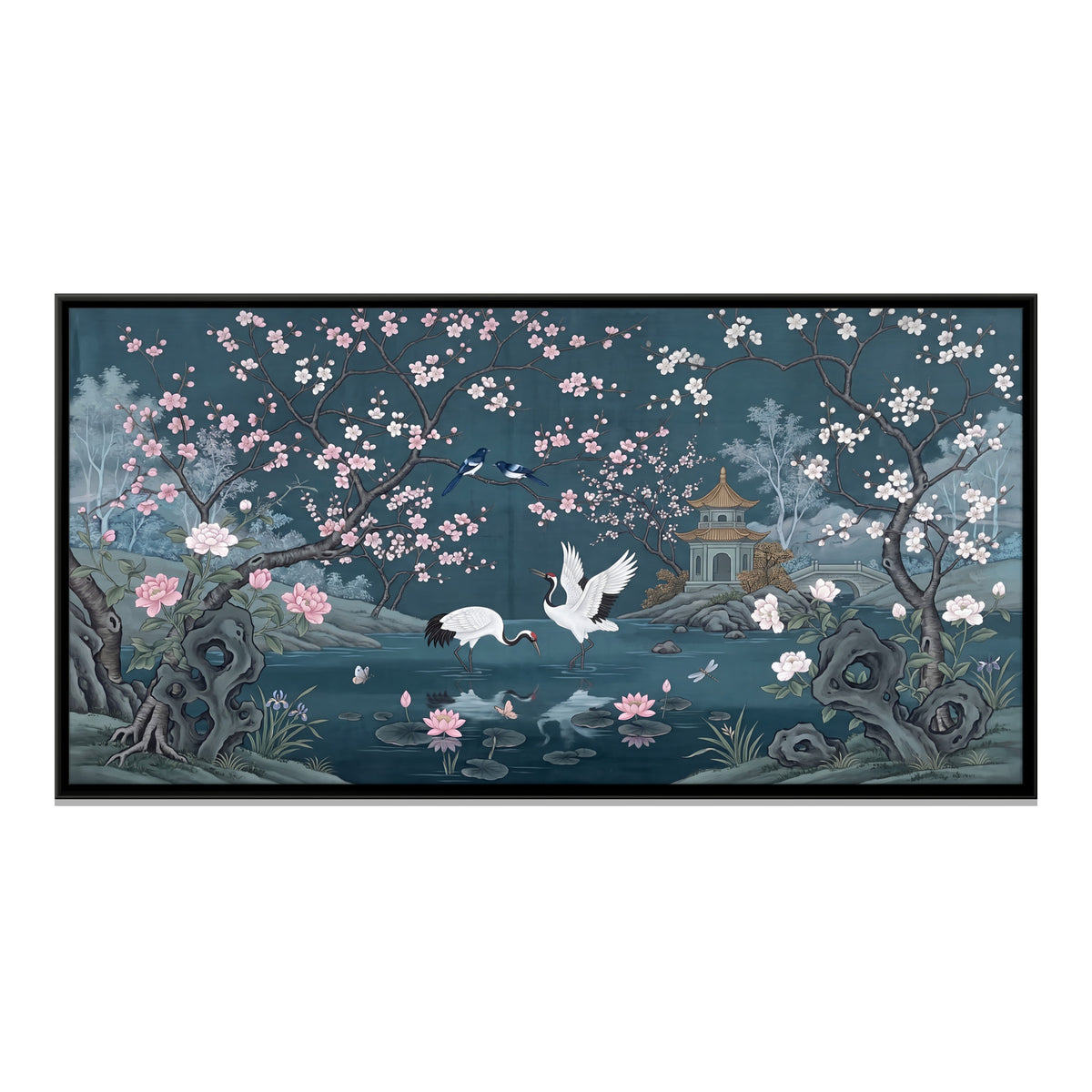 Cranes and Pagoda by a Lotus Pond - framed canvas print, front view