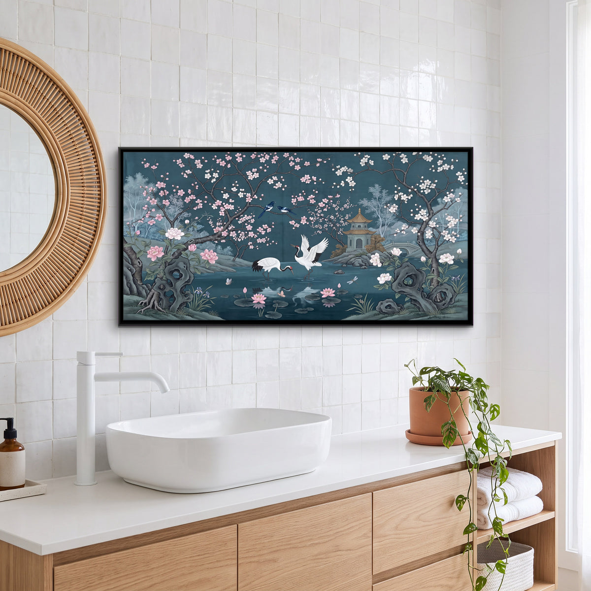 Cranes and Pagoda by a Lotus Pond - canvas art shown in a second room setting
