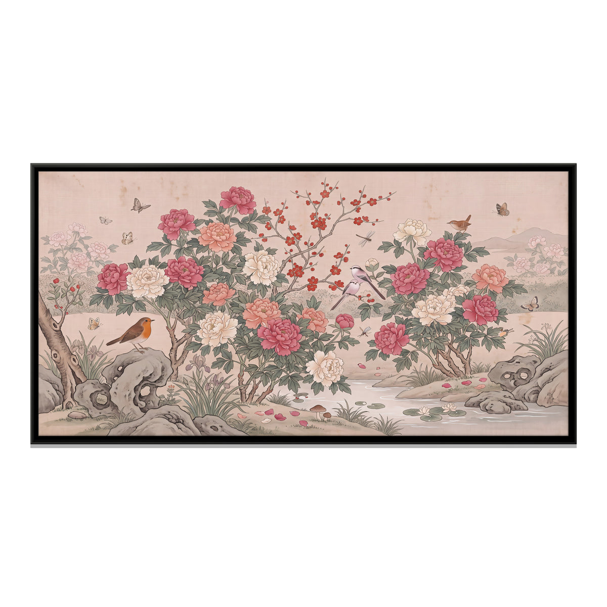 Peonies and Songbirds - framed canvas print, front view