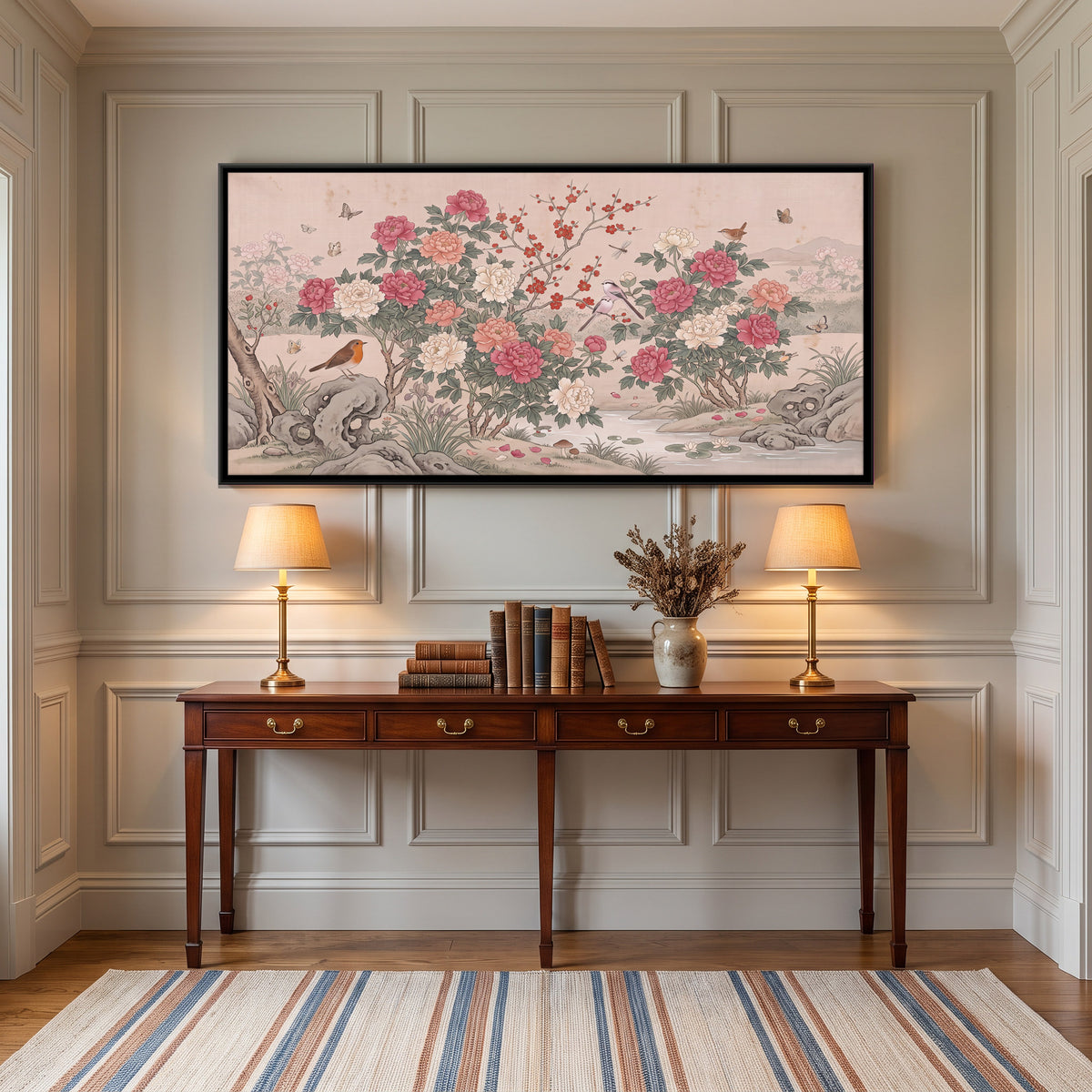 Peonies and Songbirds - canvas art shown in a styled room