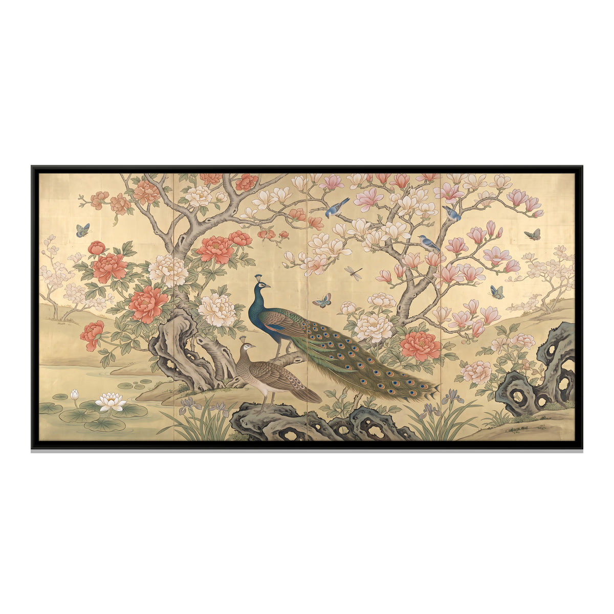 Peacock in a Blossom Garden - framed canvas print, front view