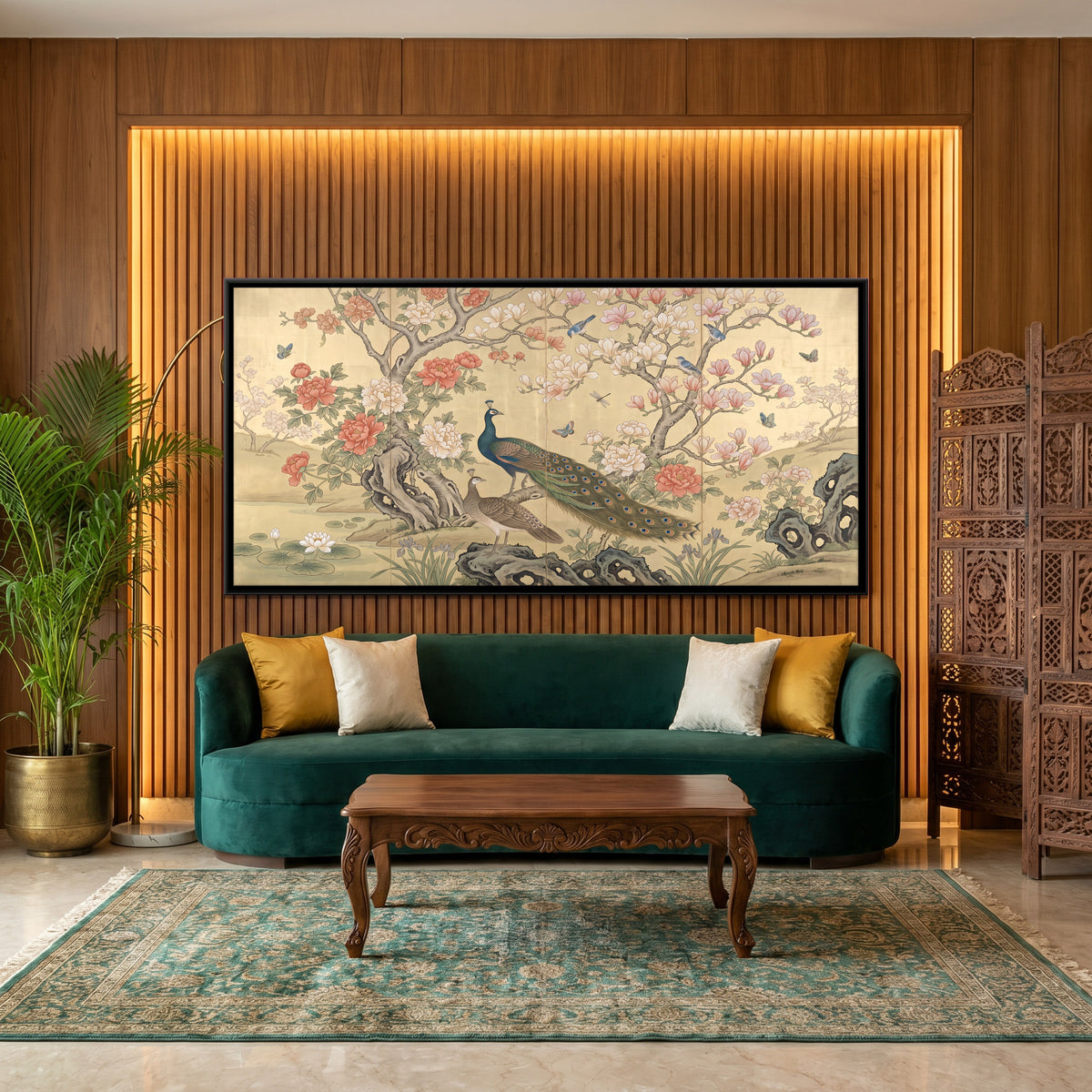 Peacock in a Blossom Garden - canvas art shown in a styled room