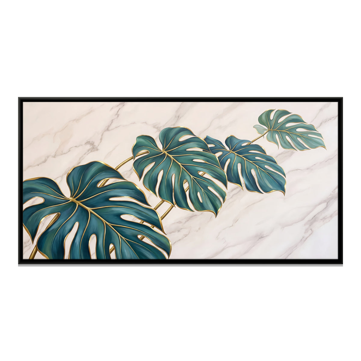 Teal Monstera Leaves on Marble - framed canvas print, front view