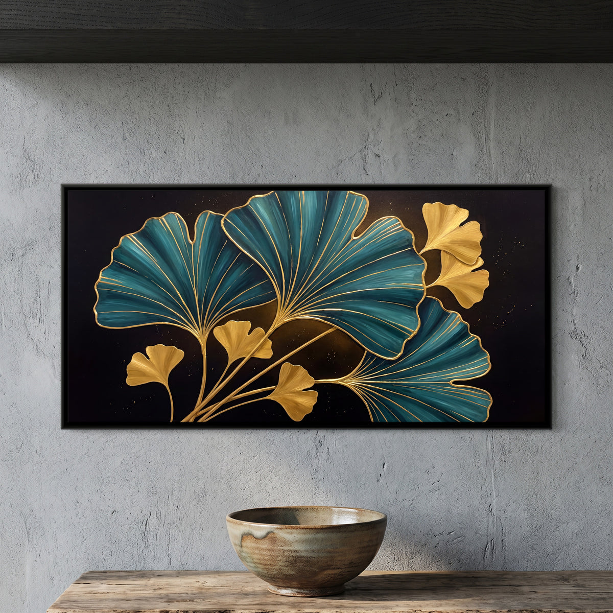 Teal and Gold Ginkgo Leaves - framed canvas art hung on a wall