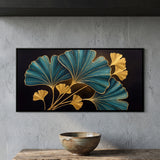 Teal and Gold Ginkgo Leaves on Black Background