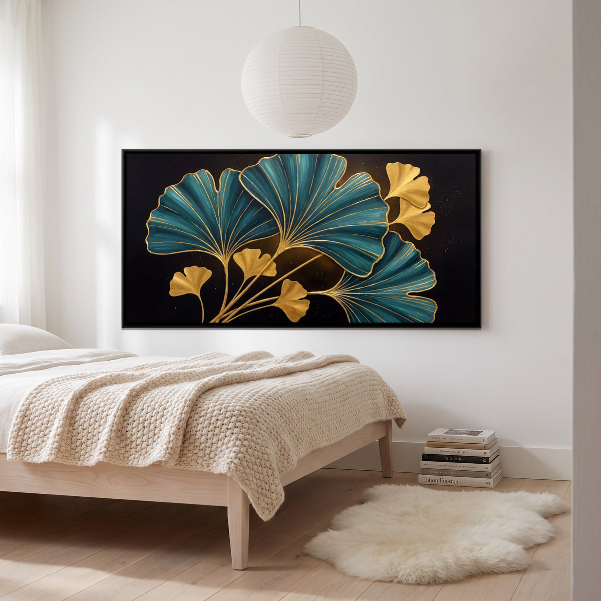 Teal and Gold Ginkgo Leaves - canvas art shown in a second room setting