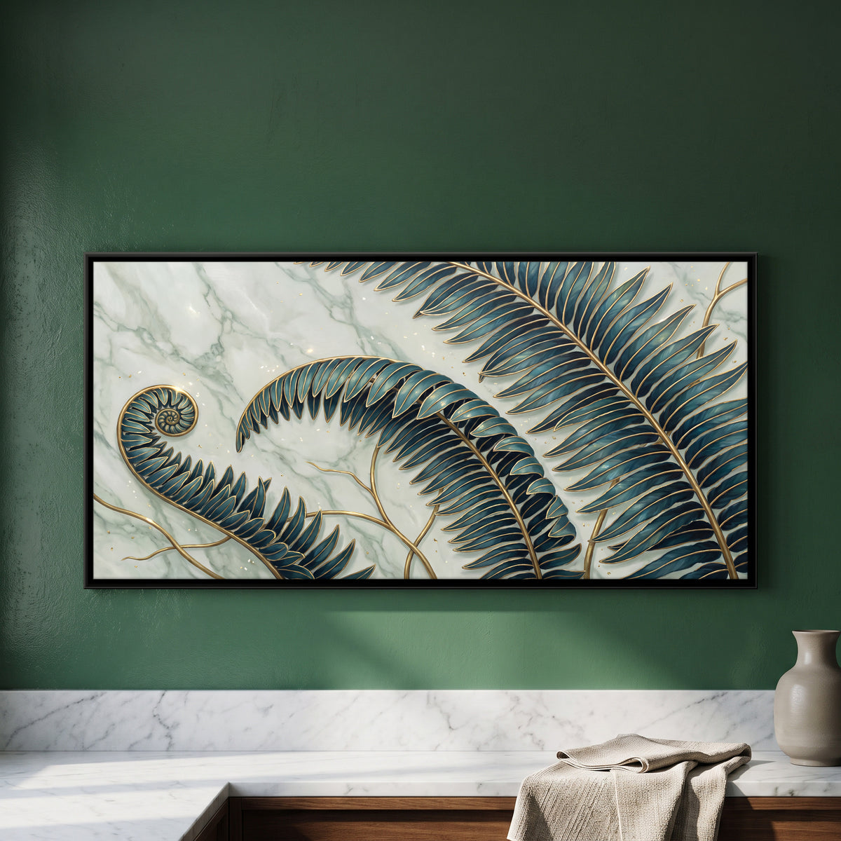 Fern Fronds on Marble - framed canvas art hung on a wall