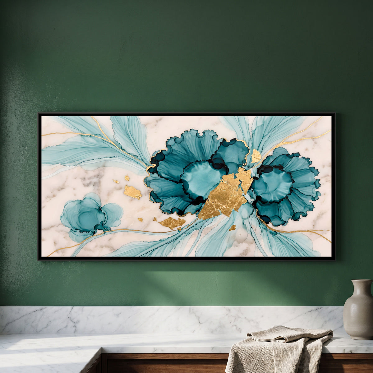Teal Ink Flowers with Gold Leaf - framed canvas art hung on a wall