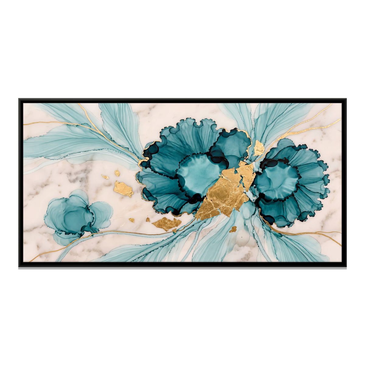 Teal Ink Flowers with Gold Leaf - framed canvas print, front view