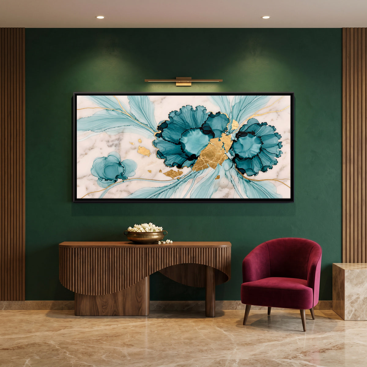 Teal Ink Flowers with Gold Leaf - canvas art shown in a styled room