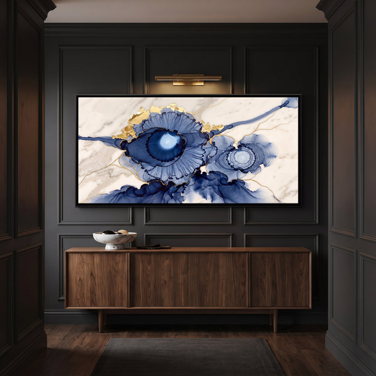 Indigo Ink Blooms on Marble - canvas art shown in a second room setting