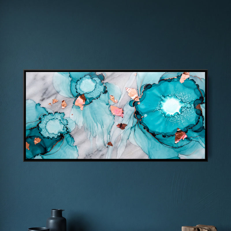 Turquoise Geode Abstract - framed canvas art hung on a wall