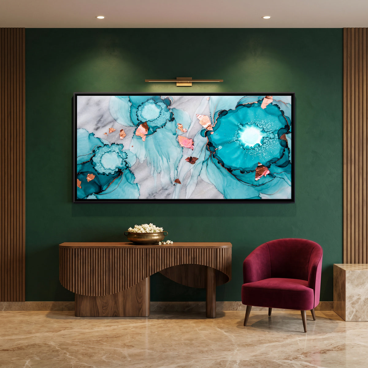 Turquoise Geode Abstract - canvas art shown in a styled room