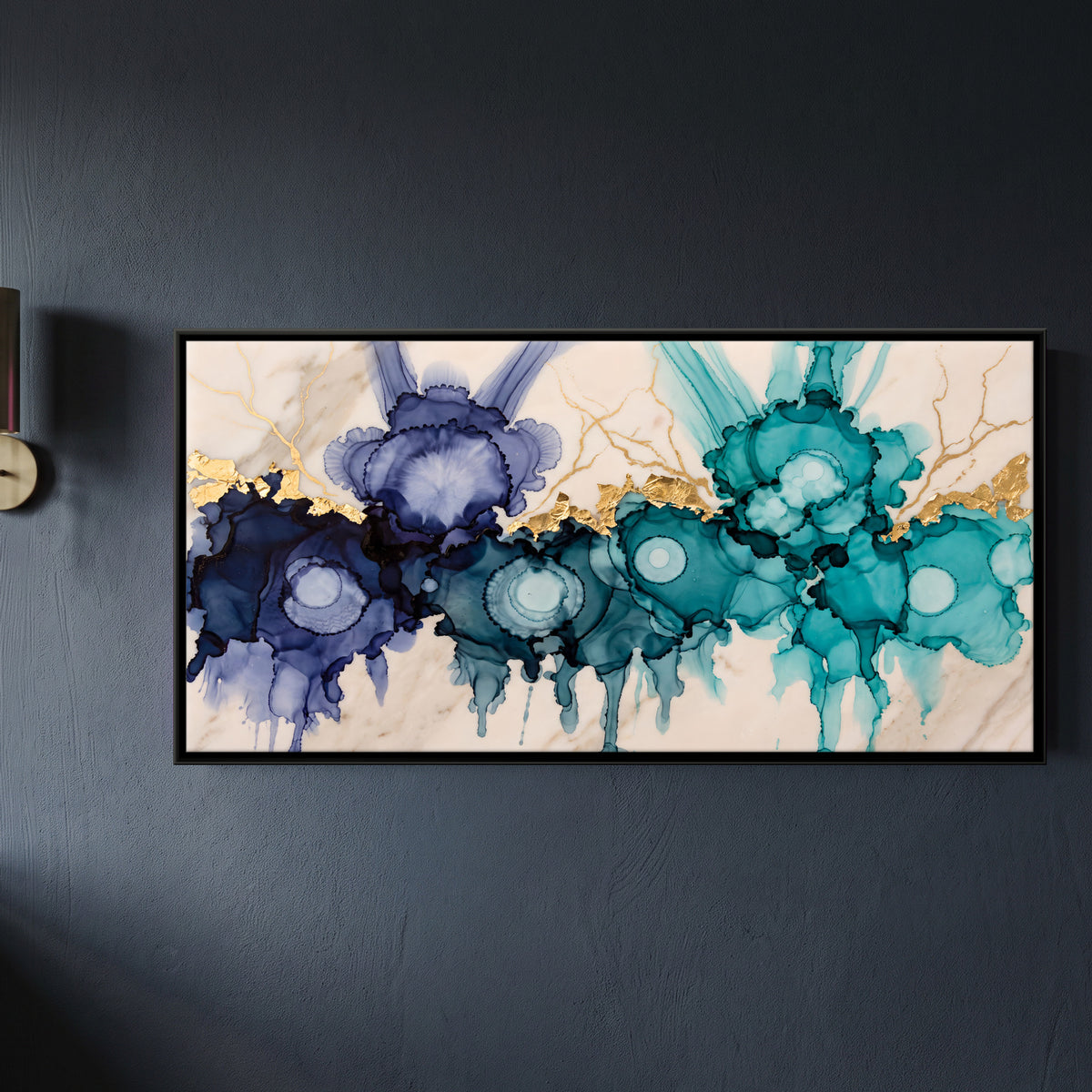Indigo and Teal Ink Abstract - framed canvas art hung on a wall