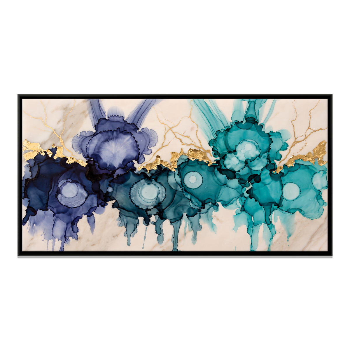 Indigo and Teal Ink Abstract - framed canvas print, front view