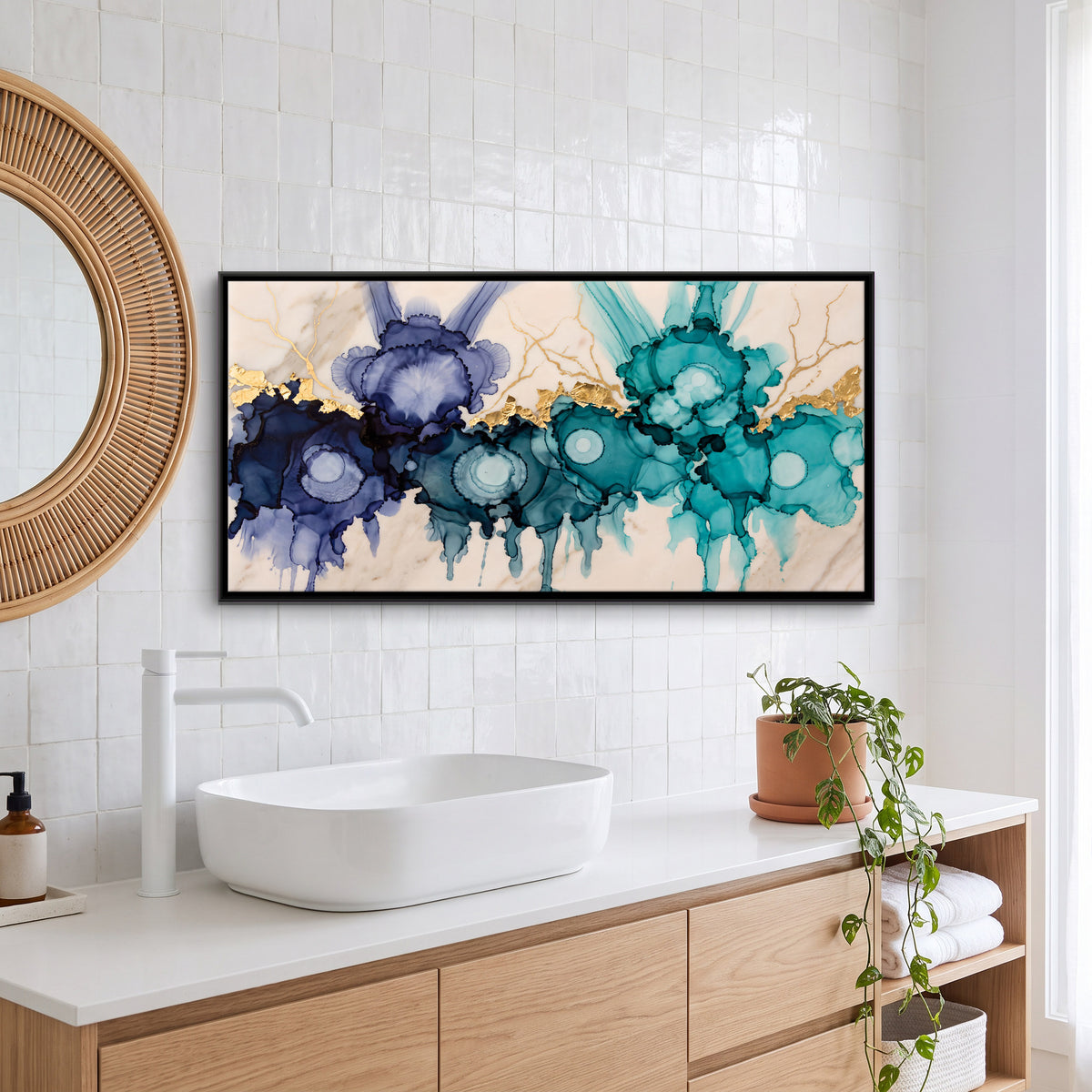 Indigo and Teal Ink Abstract - canvas art shown in a styled room