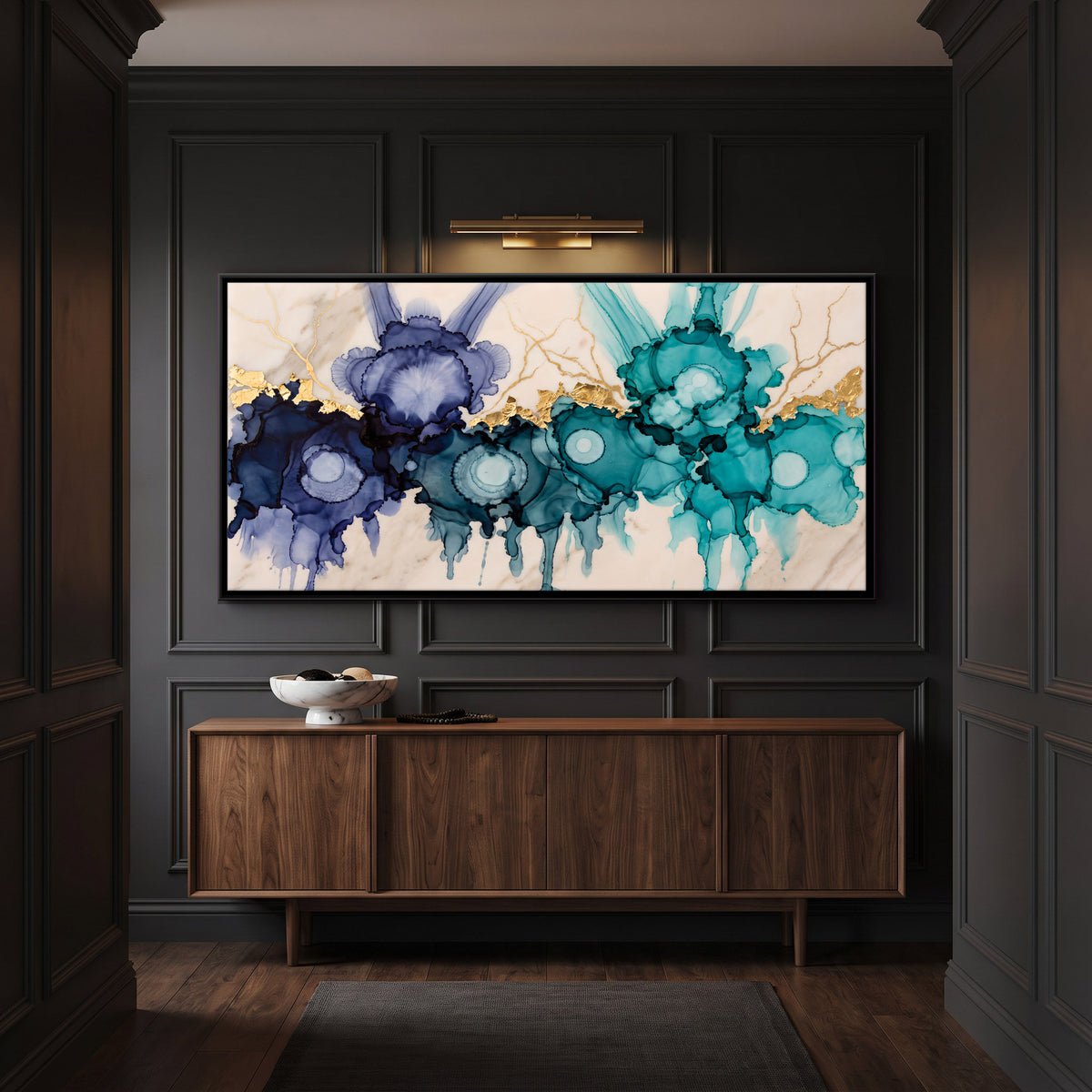 Indigo and Teal Ink Abstract - canvas art shown in a second room setting