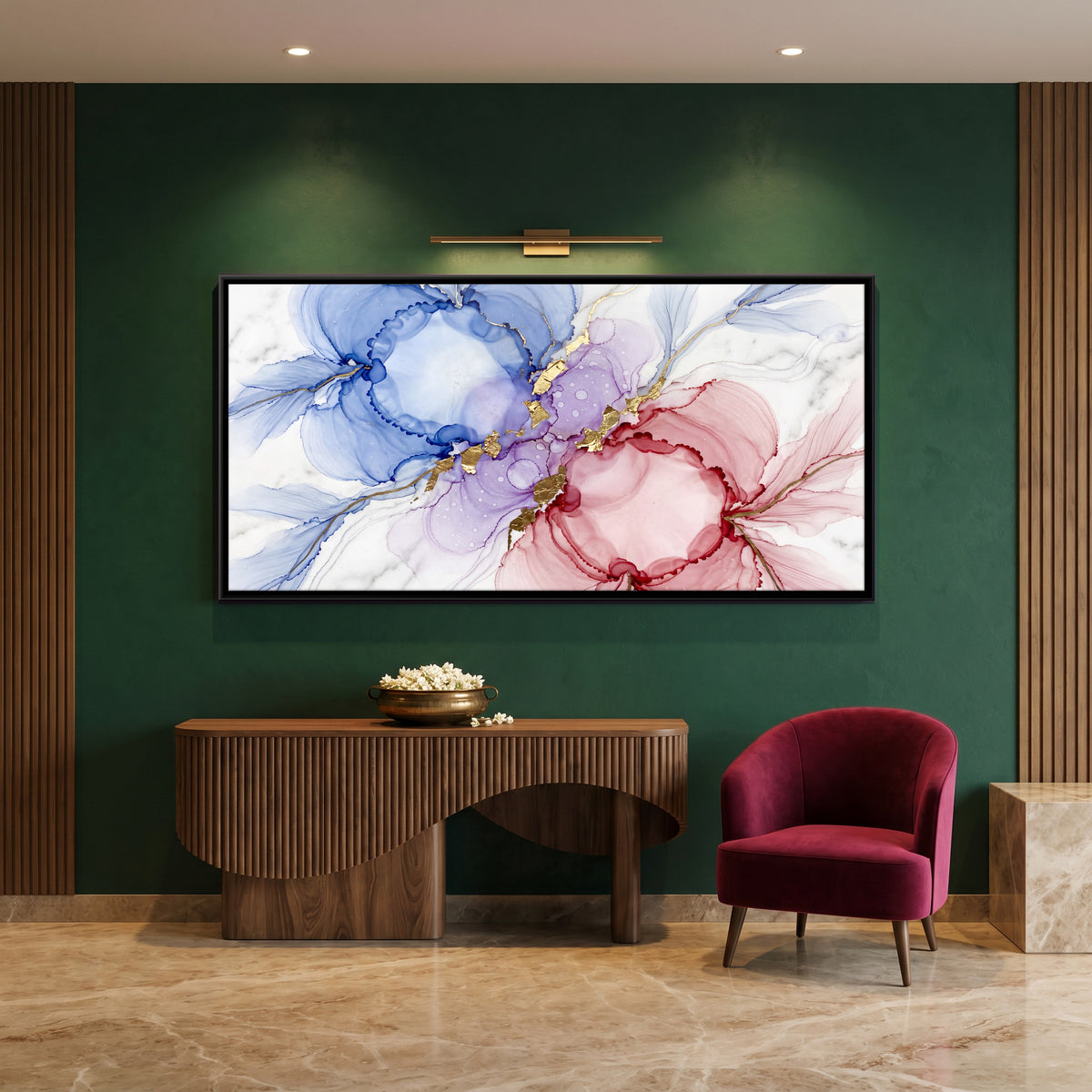 Blue and Rose Ink Blooms - canvas art shown in a styled room